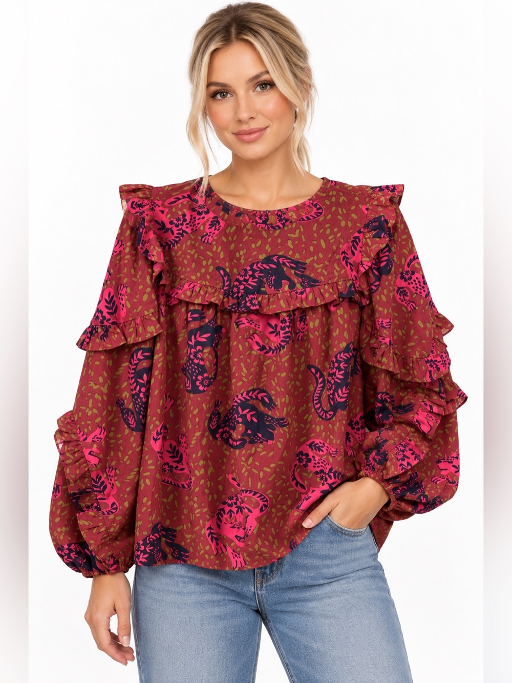 Ruffled Floral Print Blouse in Burgundy Pink